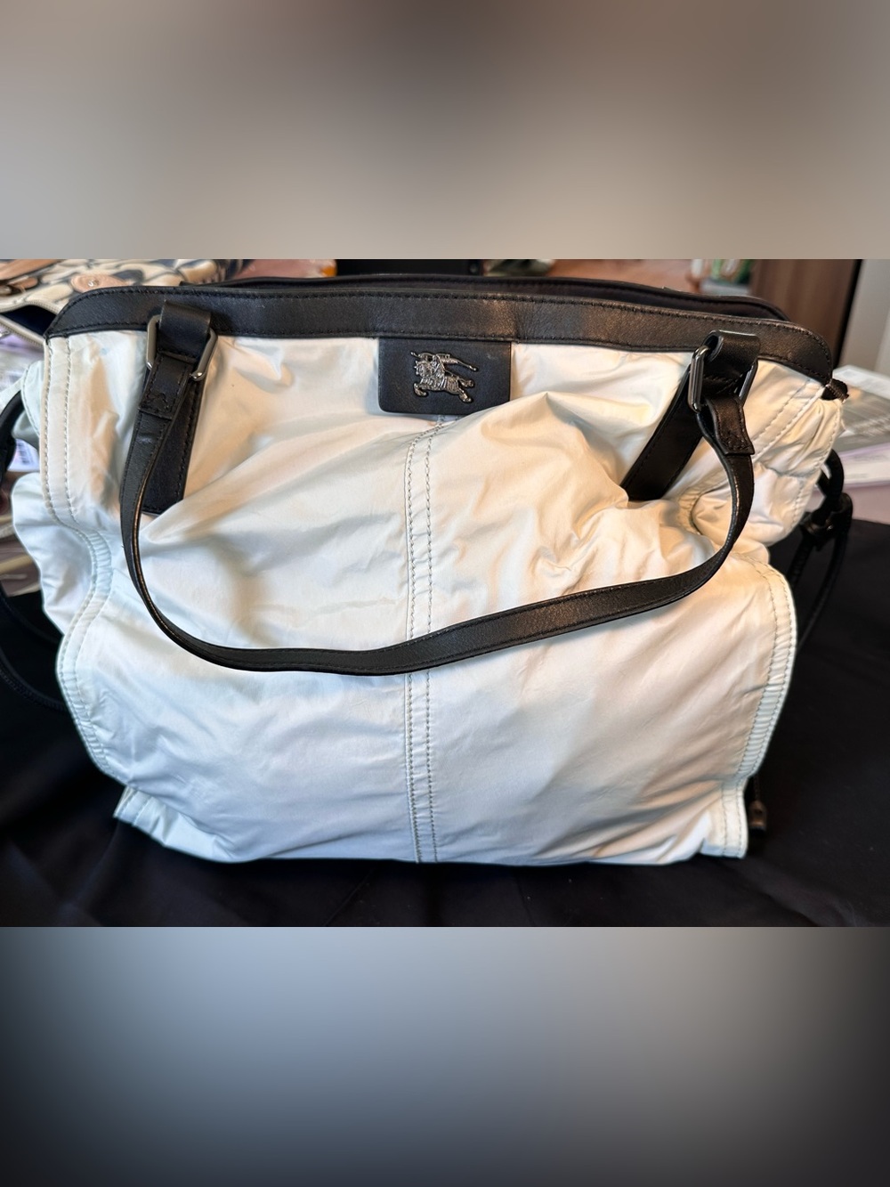 Burberry Buckleigh White Nylon & Leather trim Shoulder Tote Bag Check Linin
